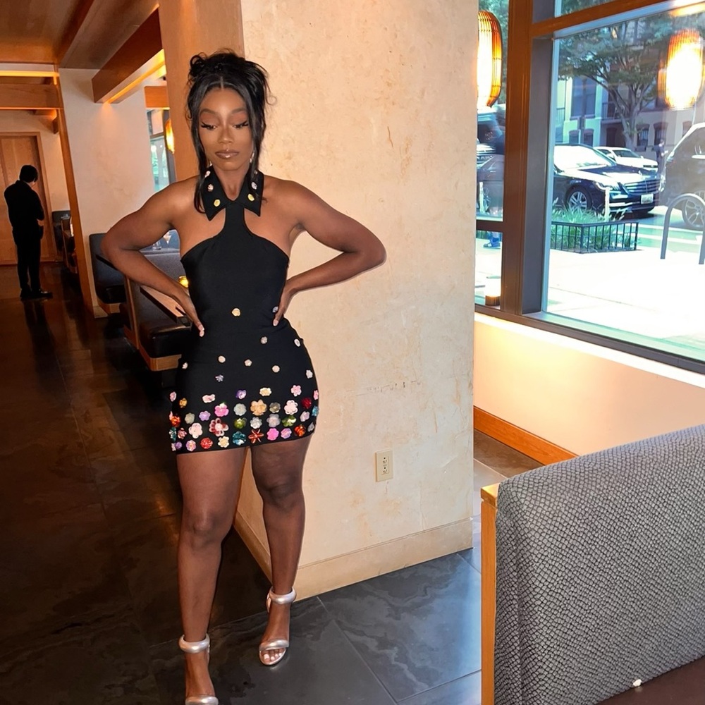 Black Halter Dress with Colorful Floral Embellishments